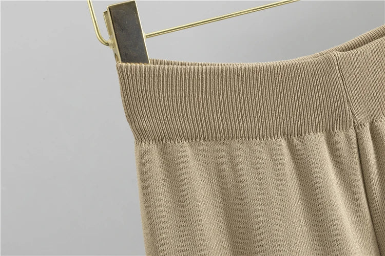 Knitted Two Piece Set for Women with Long Sleeve V Neck Cardigan and Wide Leg Pants