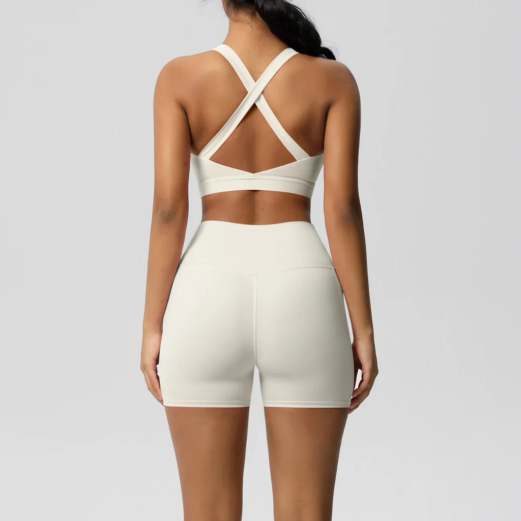 2PCS Pocketed Yoga Set for Women with Crossover Bra and Gym Leggings Workout Tracksuit Sports Shorts Activewear