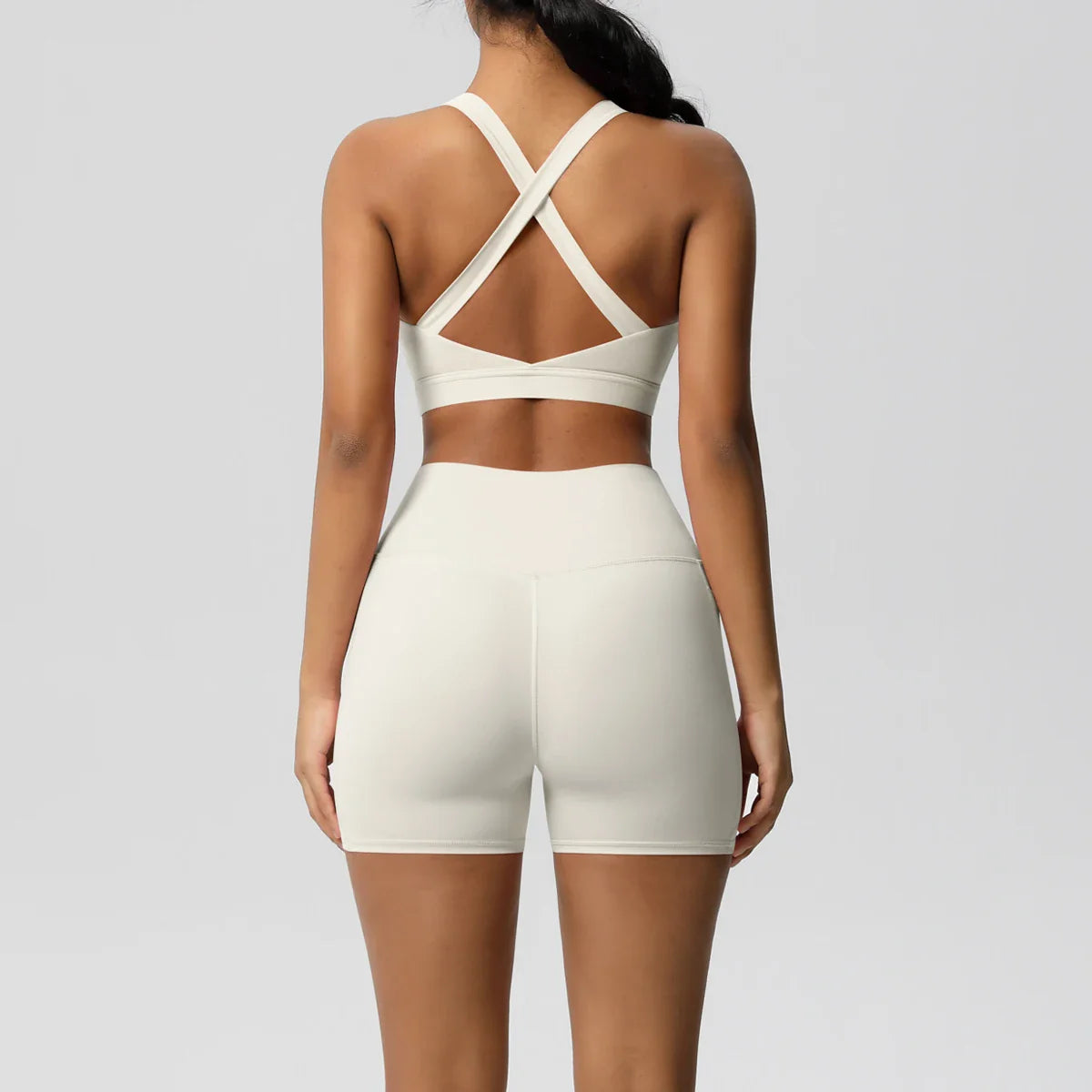 2PCS Pocketed Yoga Set for Women with Crossover Bra and Gym Leggings Workout Tracksuit Sports Shorts Activewear