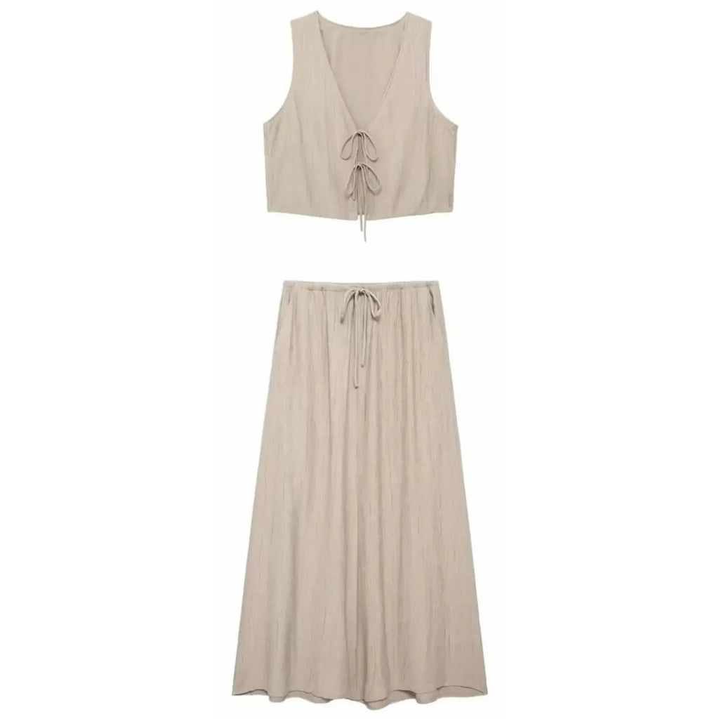 Women's Sleeveless V-Neck Lace-Up Cardigan Vest with Drawstring Pocket Casual Loose Skirt Two-Piece Set