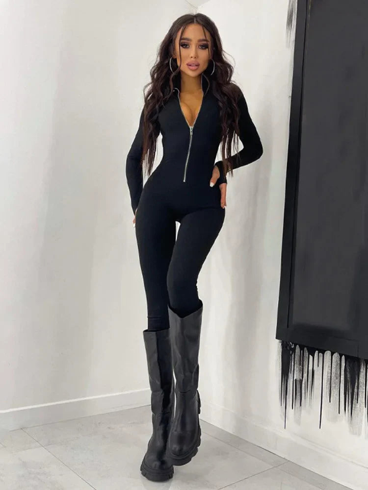 Sexy Slim Fit Long Sleeve Zipper Jumpsuit Women Casual Fitness Streetwear Skinny Overalls Y2K Style