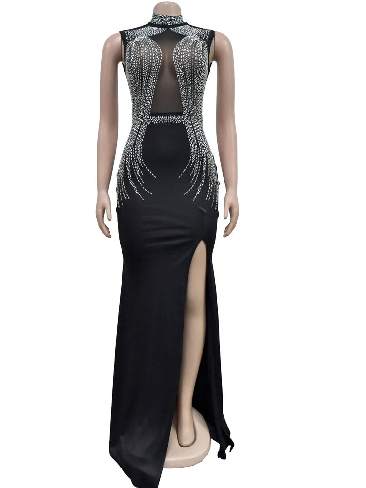 Crystal Mesh Maxi Dress High Split Sleeveless Bodycon
