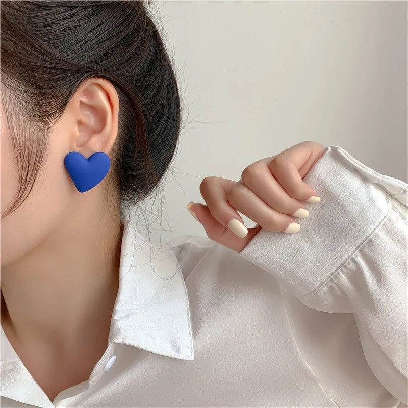 Korean Fashion Candy Color Acrylic Heart Earrings Geometric Love Design All-Match Ear Studs