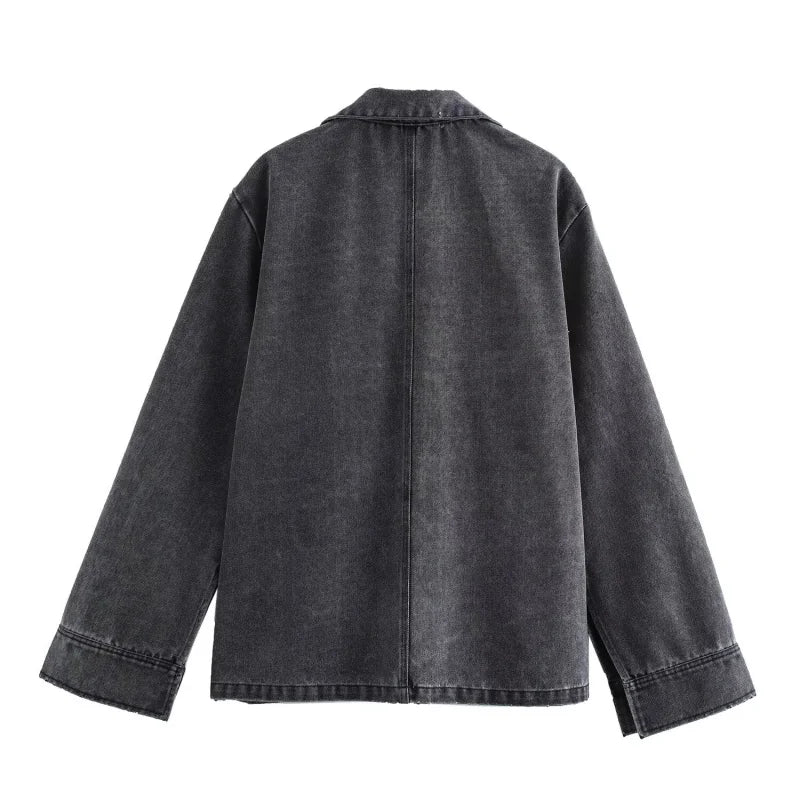 Casual Open Collar Pocket Denim Top and Loose Wide Leg Drawstring Waist Denim Pants Two Piece Set for Women