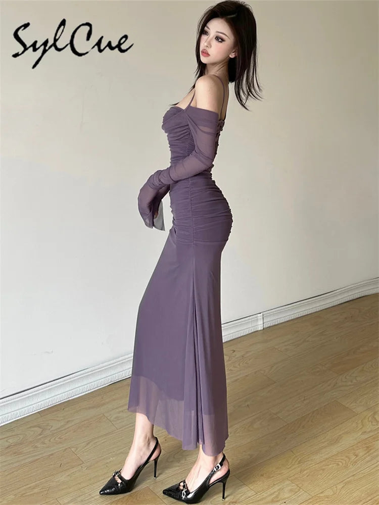 Elegant Long Sleeve Party Dress For Women Solid Color