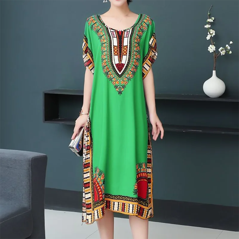 Retro Ethnic Print Batwing Sleeves Dress With High Slit