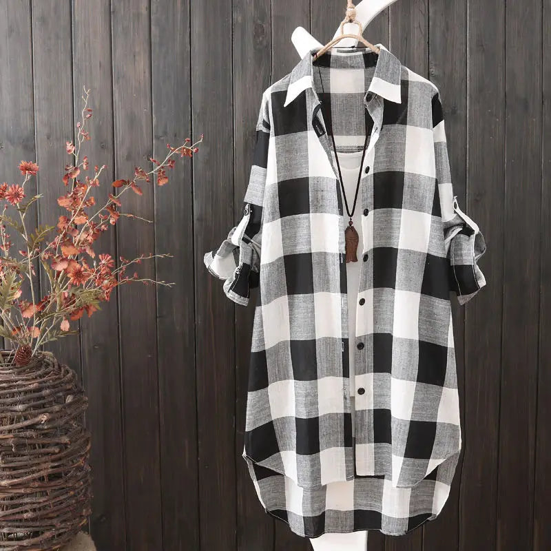 Casual Plaid Linen Cotton Long Sleeve Blouse Mid Length Loose Button Down Shirt for Women Autumn and Winter Fashion