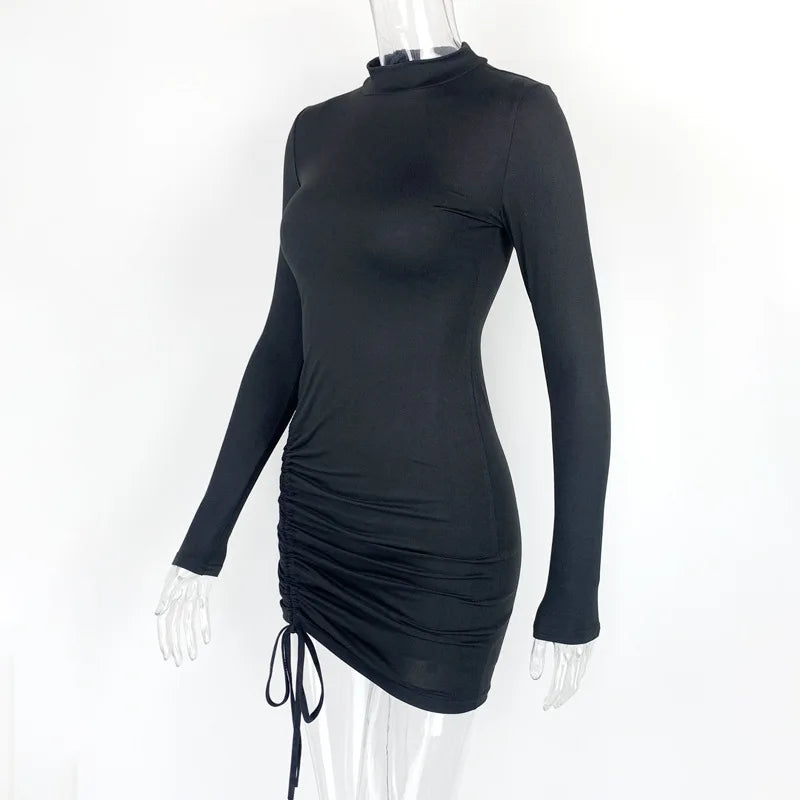 Black Bodycon Mini Dress With Drawstring Ruched Long Sleeve