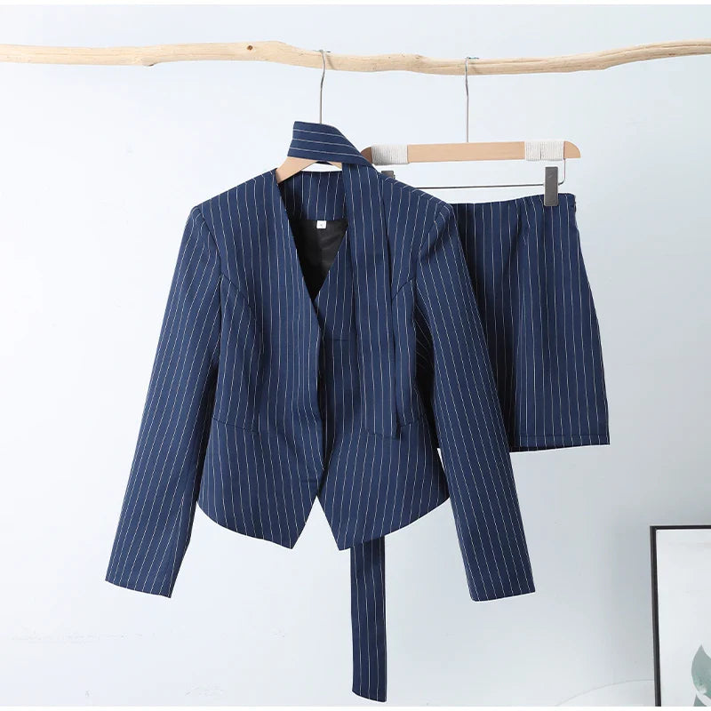 Women's Street Striped Blazer and Skirt Set Slim V-Neck Single Breasted Coat with Ribbon Accent Hip-Hugging Package Skirt Chic Spring Summer Outfit