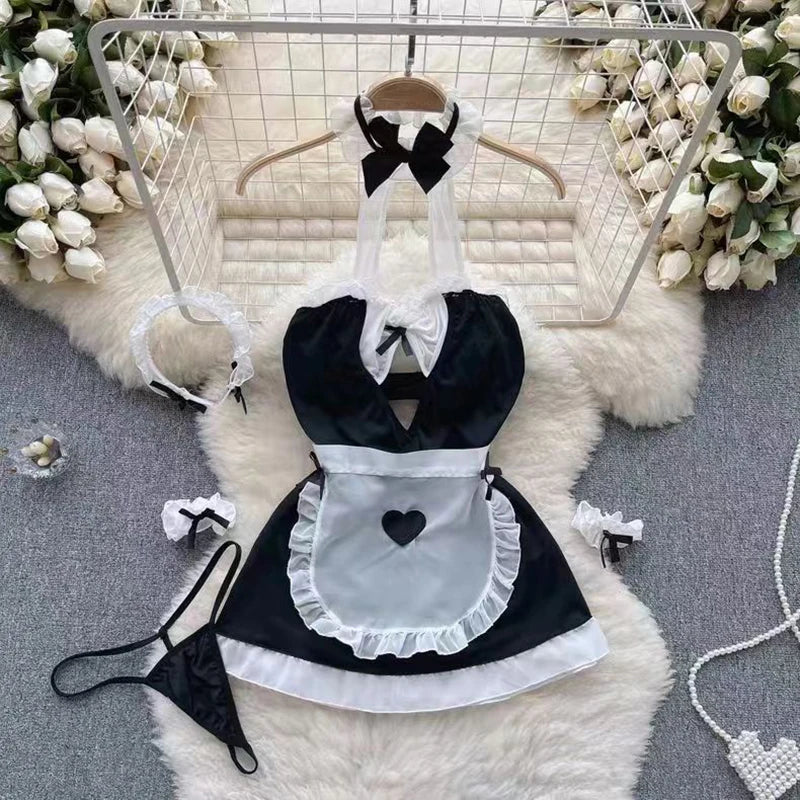 Maid Cosplay Nightwear Set Halter Hollow Out Thong