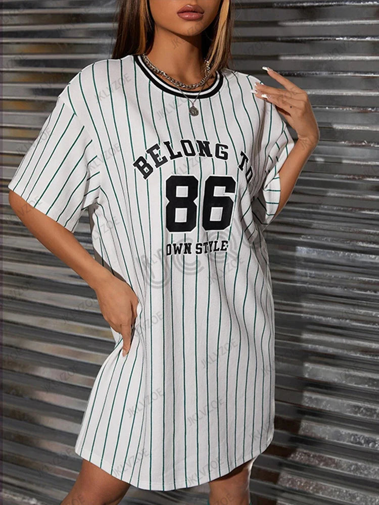 Printed Striped T Shirt Dress For Women Casual Streetwear