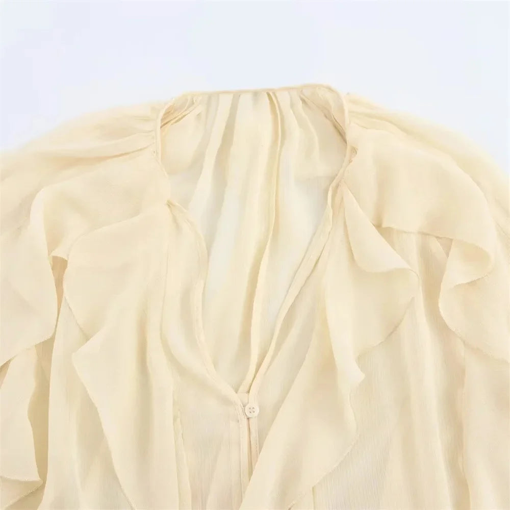 Women's Retro Loose V Neck Layered Casual Shirt Lightweight Temperament Blouse for Spring