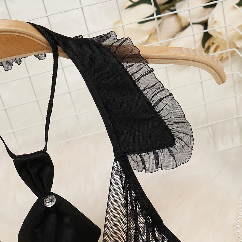 Sexy French-Inspired Lingerie Set with Button Straps Patchwork Short Skirt V-Neck Bow Tie 4-Piece Erotic Cosplay Underwear Suit