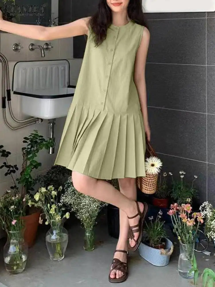 Pleated Button Mini Dress With Tank Sleeveless O Neck