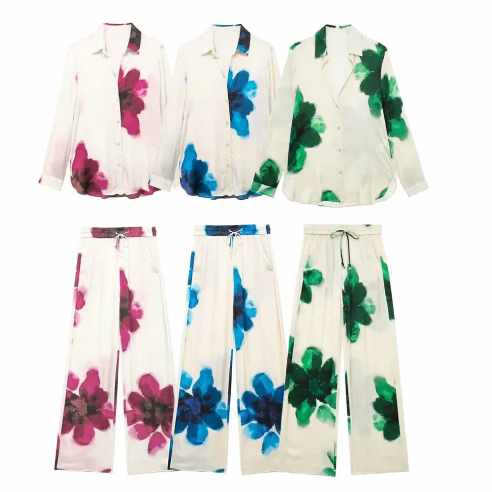 Autumn Women's Casual Loose Collar Long Sleeve Printed Shirt and High Waist Wide Leg Pants Set