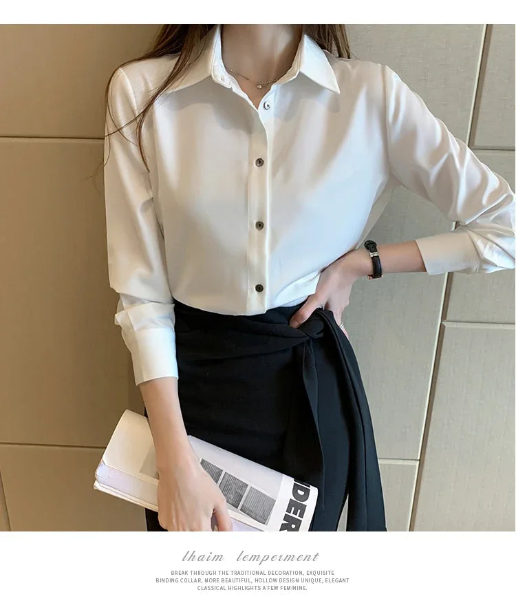 Elegant Satin Long Sleeve Blouse for Women Casual Office Shirt Solid White Basic Top