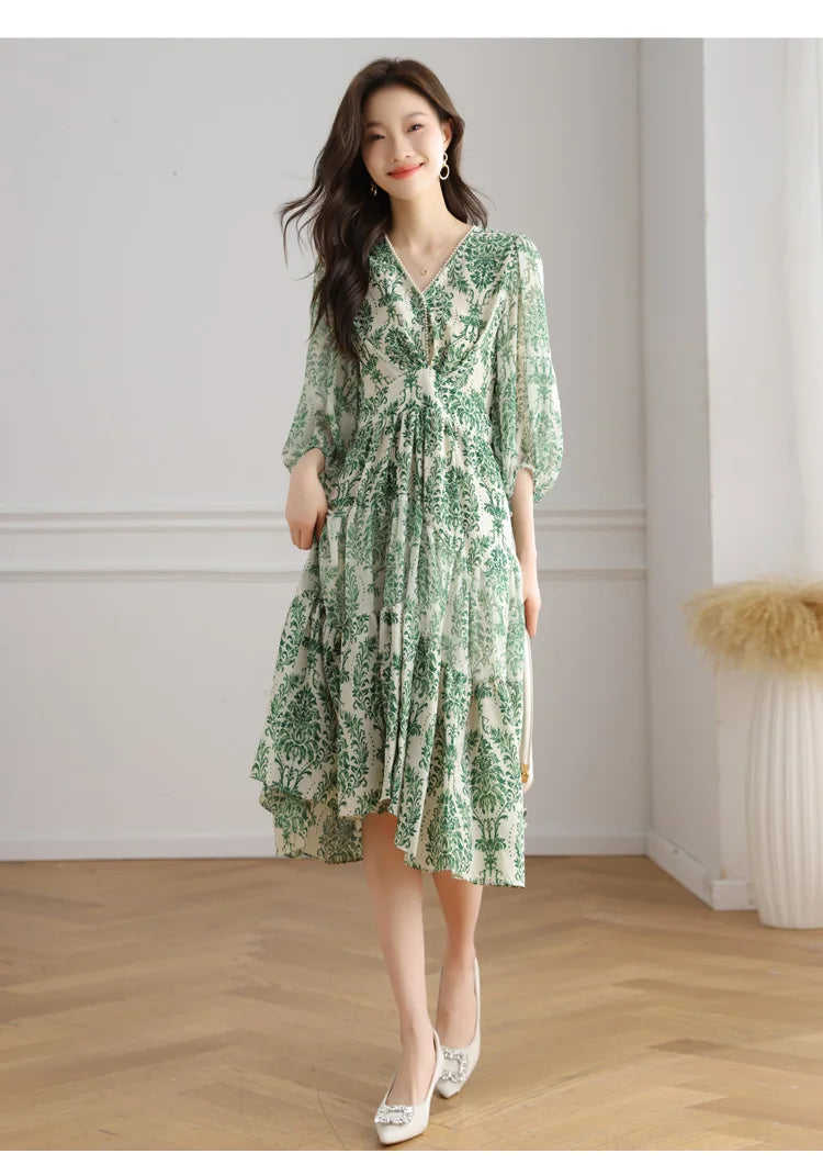 Floral Chiffon Dress For Women V Neck A Line Dress