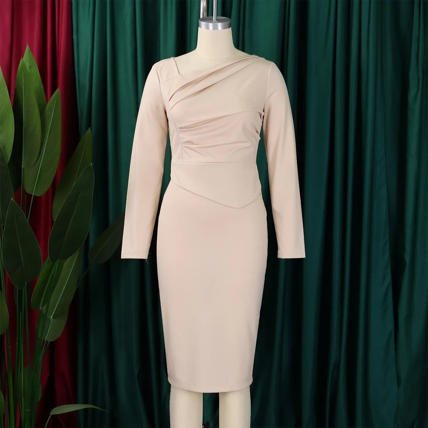 Professional Midi Office Dress for Women with Long Sleeves