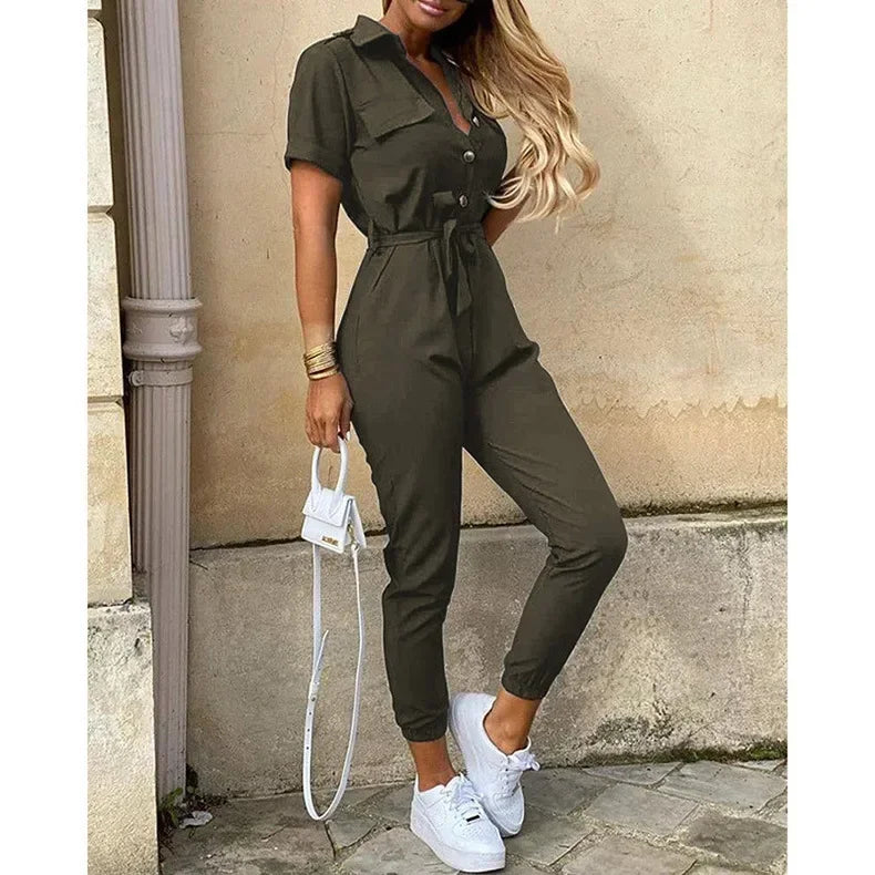 Casual Chic Overalls for Women Lapel Lace-Up Print Belted Work Jumpsuit One-Piece Bodysuit Elegant Long Sleeve Jumpsuit with Stylish Fit