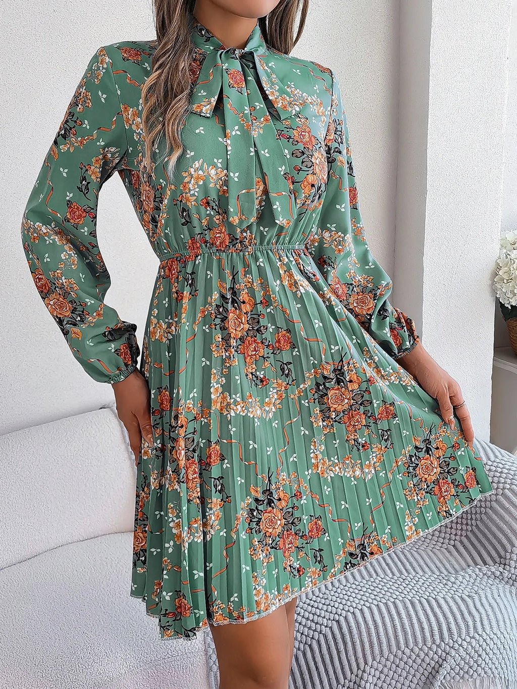 Floral Print Lace Up Long Sleeve Pleated Dress With Bow