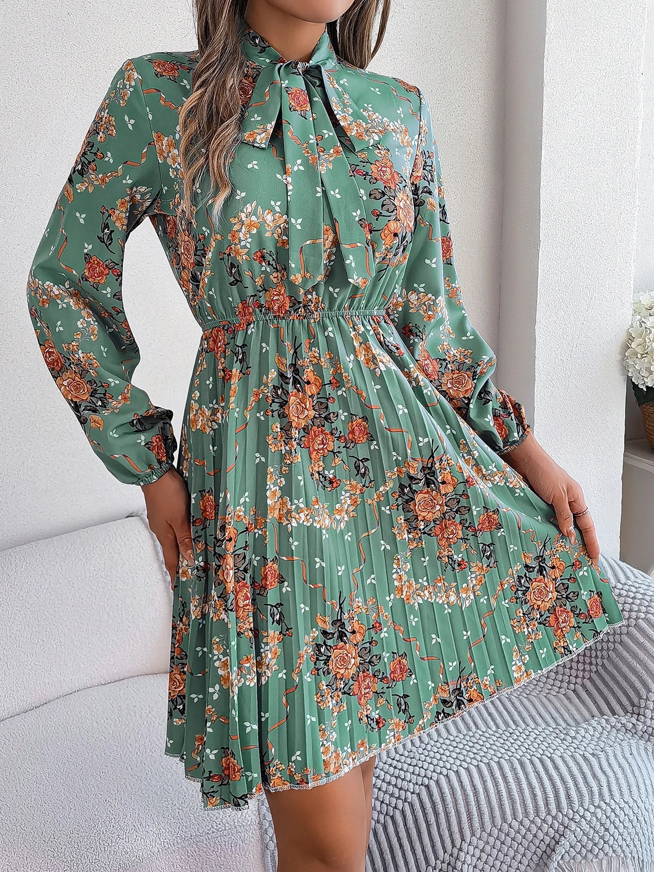 Floral Print Lace Up Long Sleeve Pleated Dress With Bow