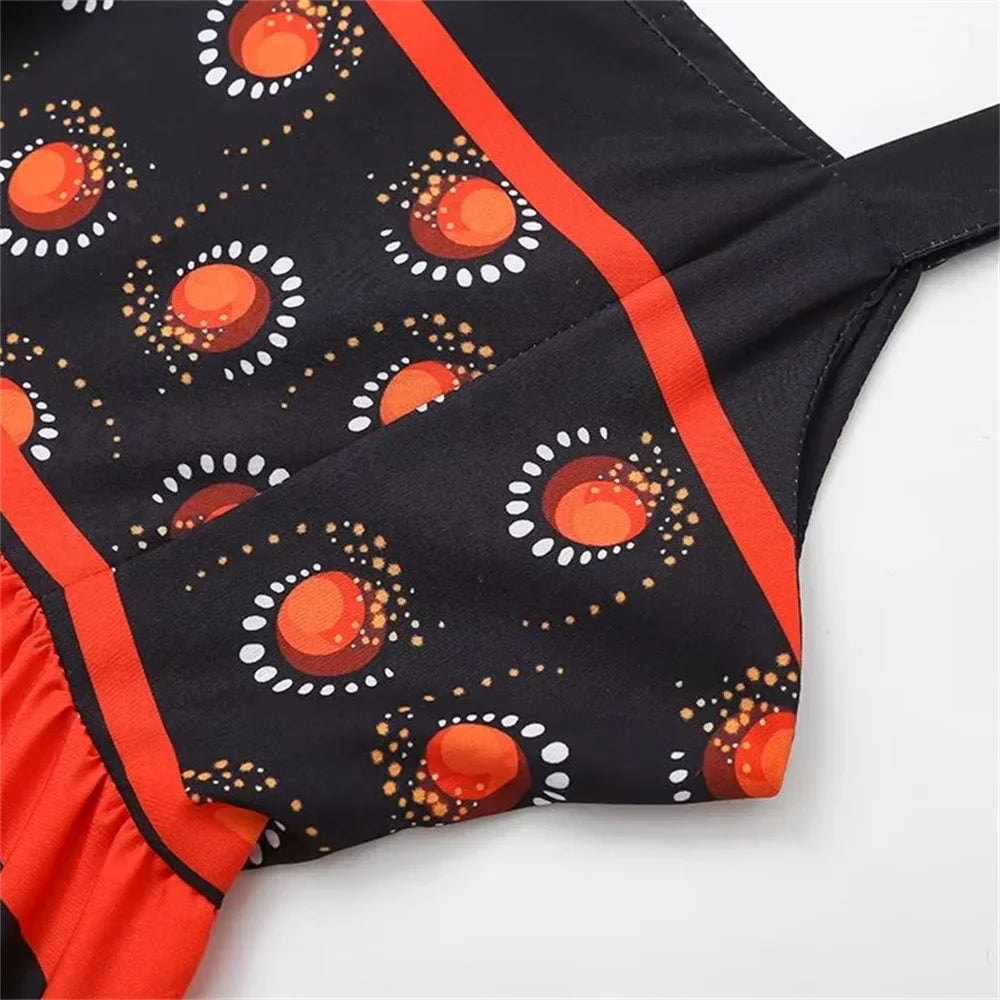 Autumn Womens Suspender Dress Printed Slim Fit Chic