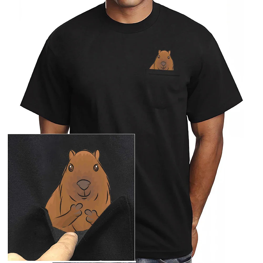 Funny Cotton Capybara T-Shirt with Double Middle Finger Print for Men and Women Short Sleeve Hip Hop Tops