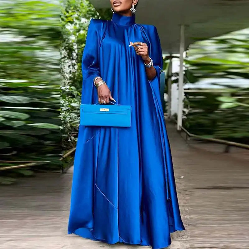 Satin Pleated Evening Dress With Stand Collar Long Sleeve