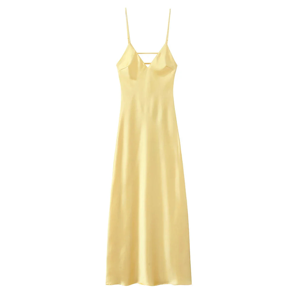 Yellow Satin Dress V Neck Backless For Women Party Evening
