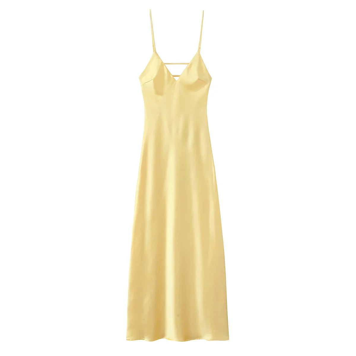 Yellow Satin Dress V Neck Backless For Women Party Evening