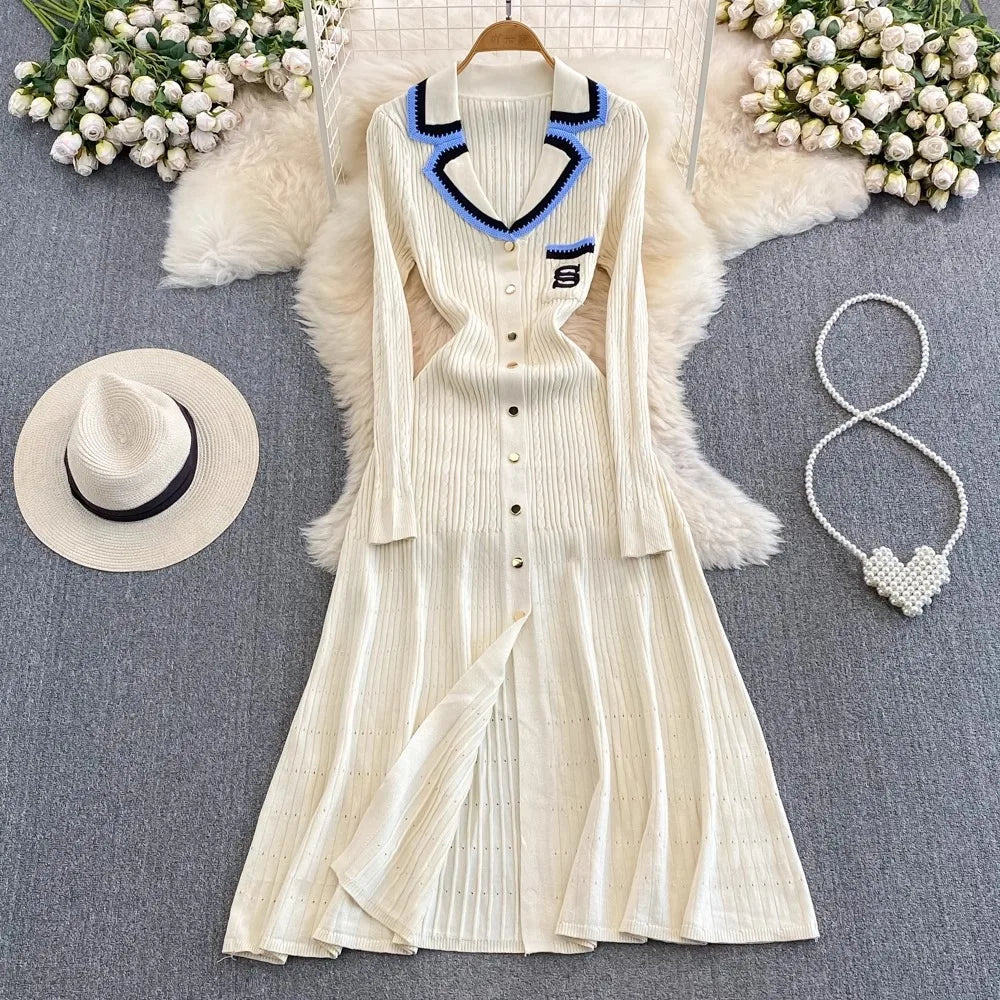 Knitted Sweater Dress With Embroidery Pocket Long Sleeve