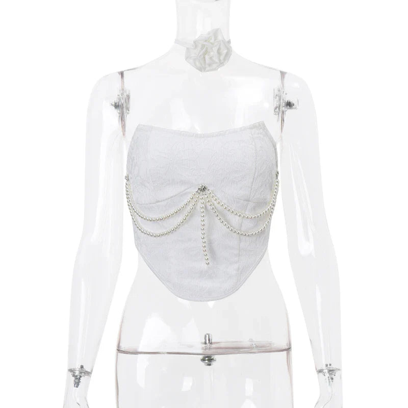 Solid Pearl Embellished Two Piece Set Sleeveless Floral Slim Fit Vest with Pleated Mini Skirt Summer Women's Fashion Ensemble