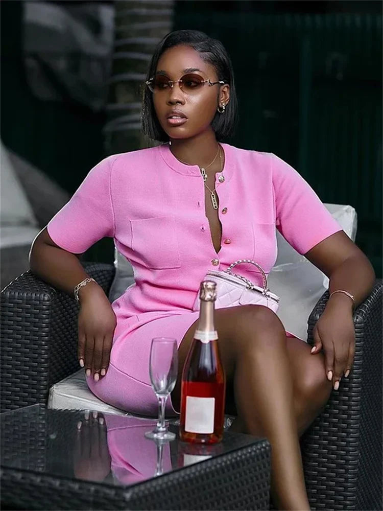 Ribbed Pocket Knit Dress For Women High Waist Mini Chic