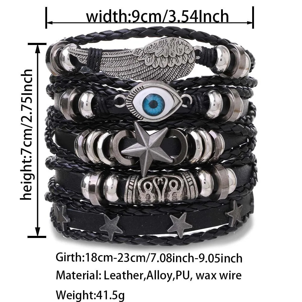 Punk Style Evil Eye Skull Bracelet Set with Adjustable PU Leather and Beads - 4/5/6 Pieces