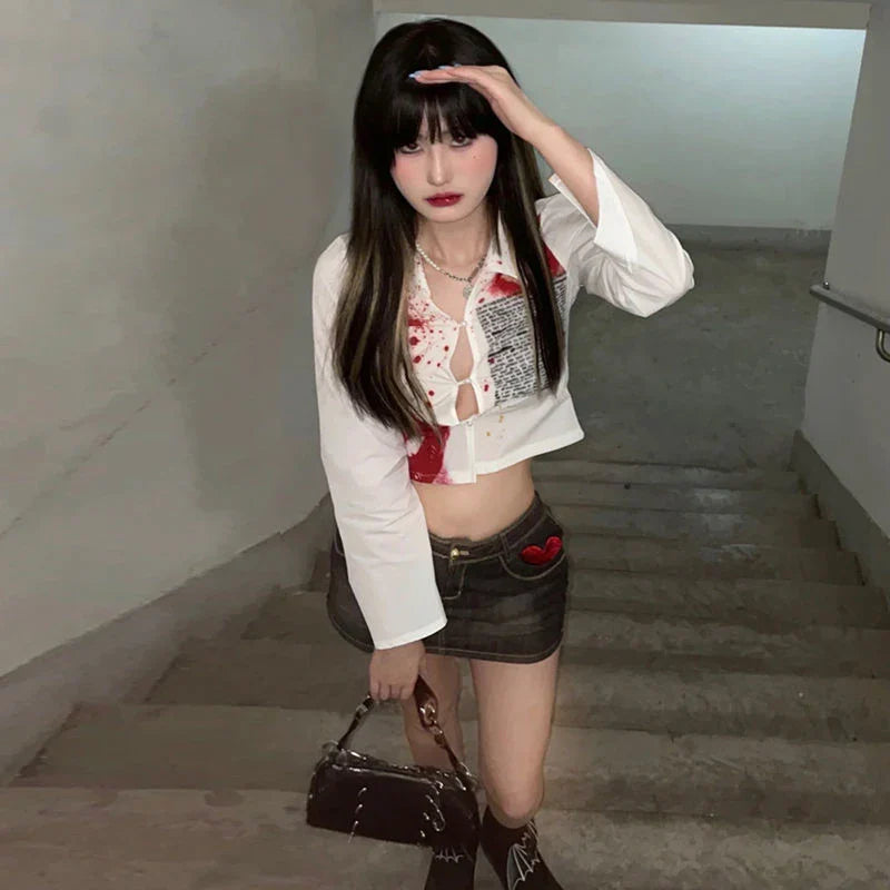 Y2K Slim Fit Long Sleeve Printed Crop Top for Women Stylish Button Front Short Blouse Party Shirt