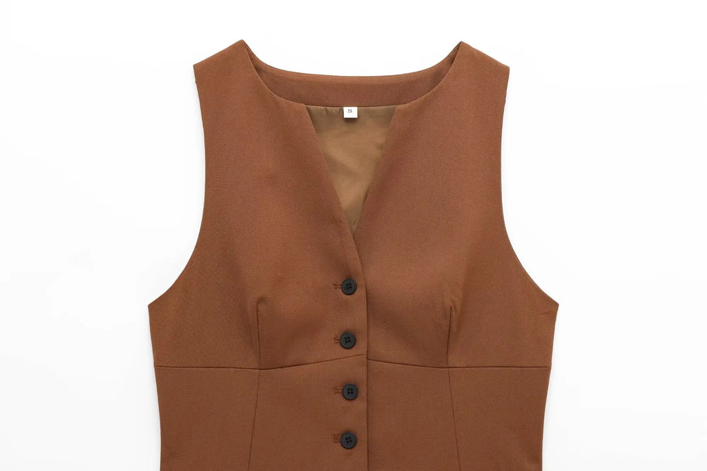 Women's Sleeveless Button-Down Vest with Pockets and Matching Mini Skirt Two-Piece Set for Chic and Stylish Look