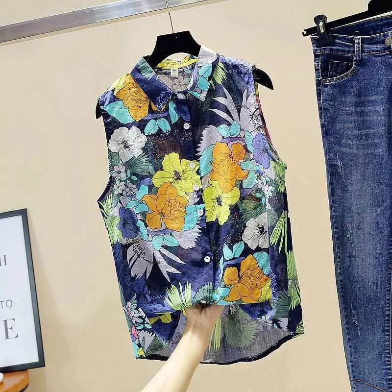 Women Sleeveless Summer Blouse Shirt Casual Turn-Down Collar Printed Lightweight Top