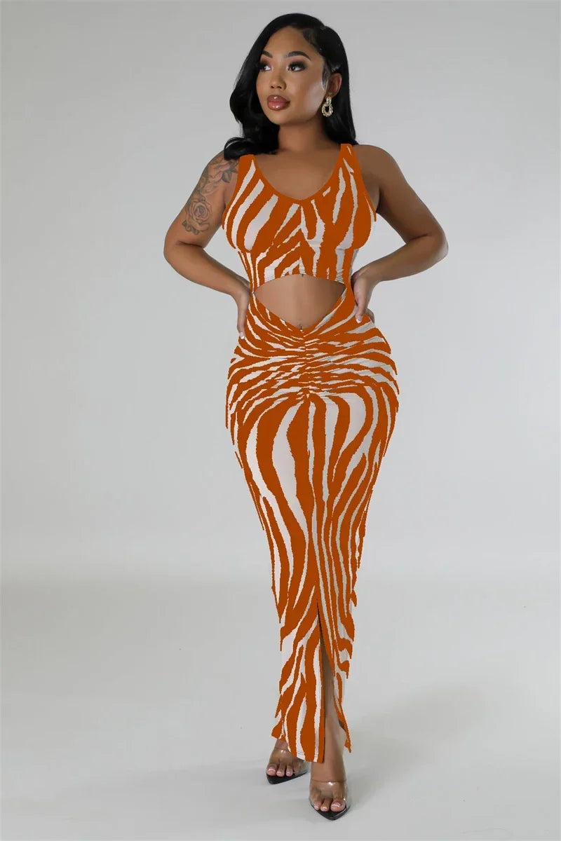 Zebra Print Bodycon Maxi Dress Ruched Sleeveless Party