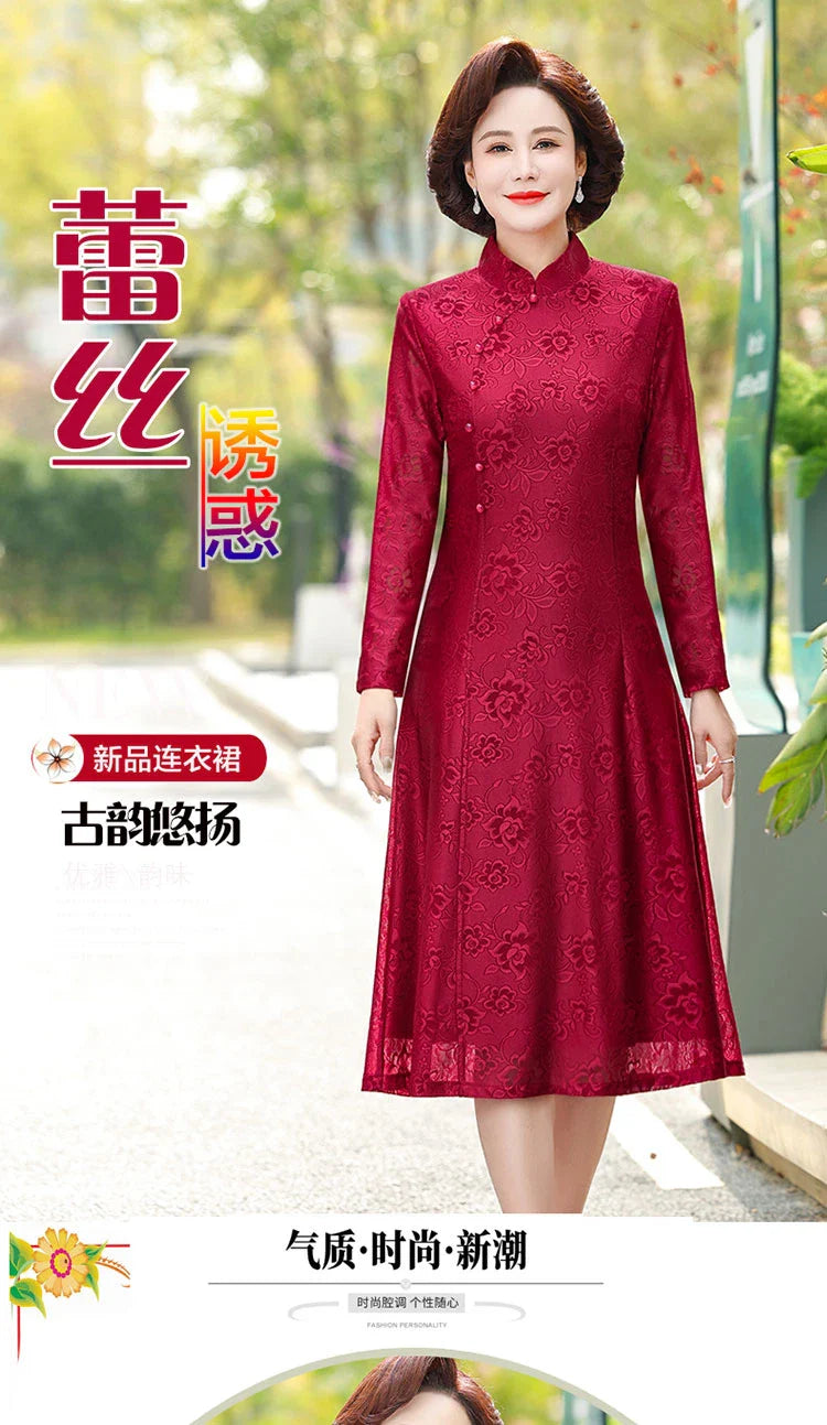 Elegant Lace Dress For Women With Qipao Collar A Line Long