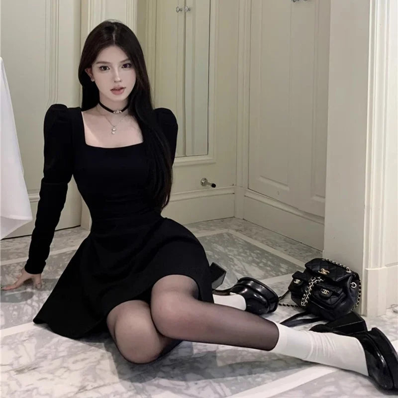 Elegant Women Evening Dress Long Sleeve Retro Banquet Black