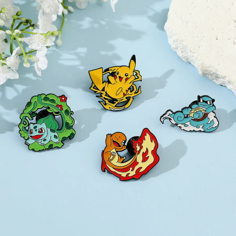 Cute Cartoon Pocket Monsters Enamel Brooch Set for Bags - 4 Pcs Creative Animated Character Accessories