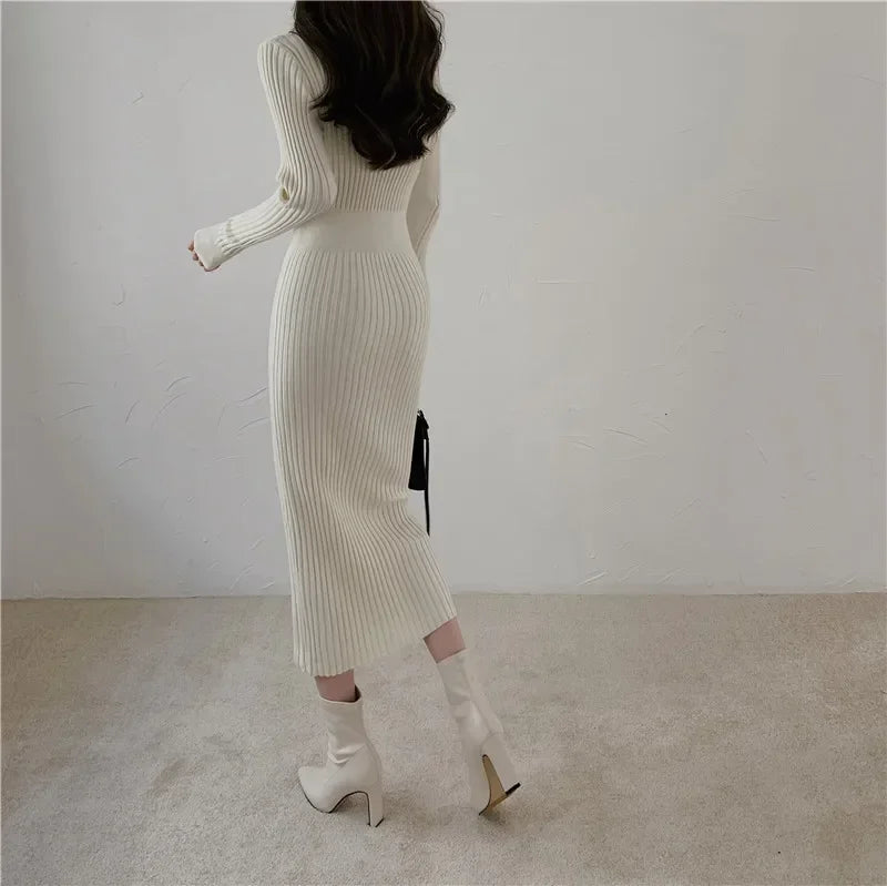 Knit V Neck Women Sweater Dress Long Sleeve Bodycon Office