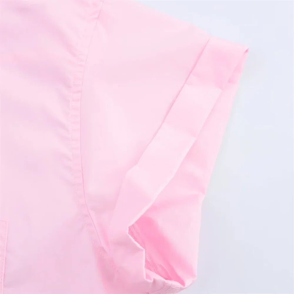 Women's Poplin Short Sleeve Shirt with Elegant Collar Buckle Detail Casual Lightweight Top for Spring and Summer