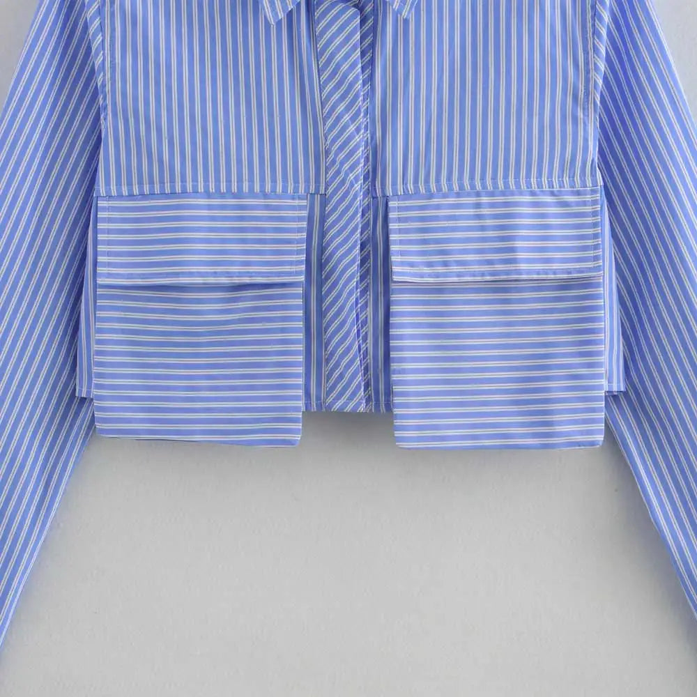 Women's Chic Striped Crop Shirt Long Sleeve Button-Up Blouse with Pockets Casual Fashion Top
