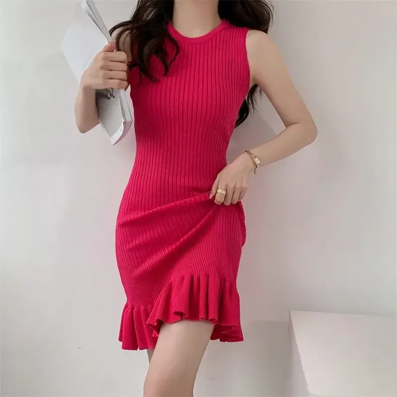 Slimming Knit Dress Sleeveless Fish Tail Leaf Design