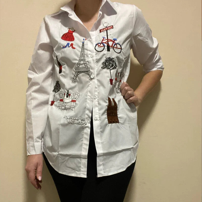 Women's Spring Autumn Cotton Blouse White Embroidered Long Sleeve Button-Up Shirt with Turn-Down Collar Casual Loose Fit Top