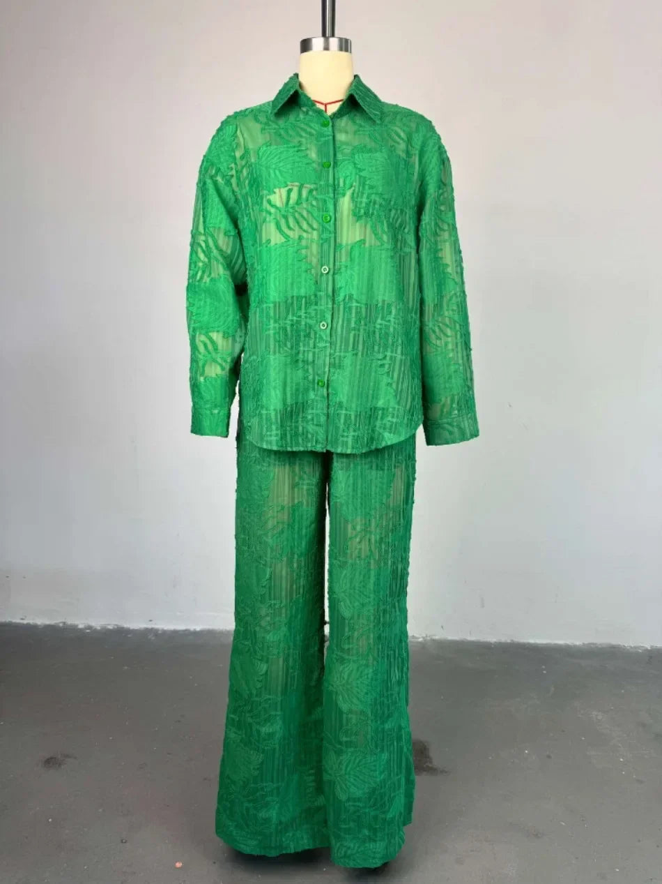 Women's Summer Pant Sets with Turned-down Collar Long-sleeve Shirt and High-waist Straight-leg Pants Two-piece Outfit