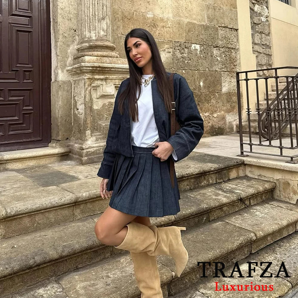 Casual Denim Loose Fit Women Suit Set with O Neck Zipper Bomber Jacket and Pleated Mini Skirt Vintage Inspired Spring Summer Fashion Ensemble