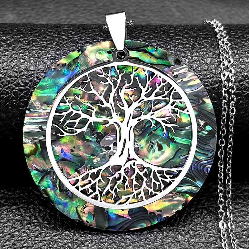 Tree of Life Abalone Shell Necklace Gold Color Stainless Steel Boho Jewelry for Weddings and Special Occasions