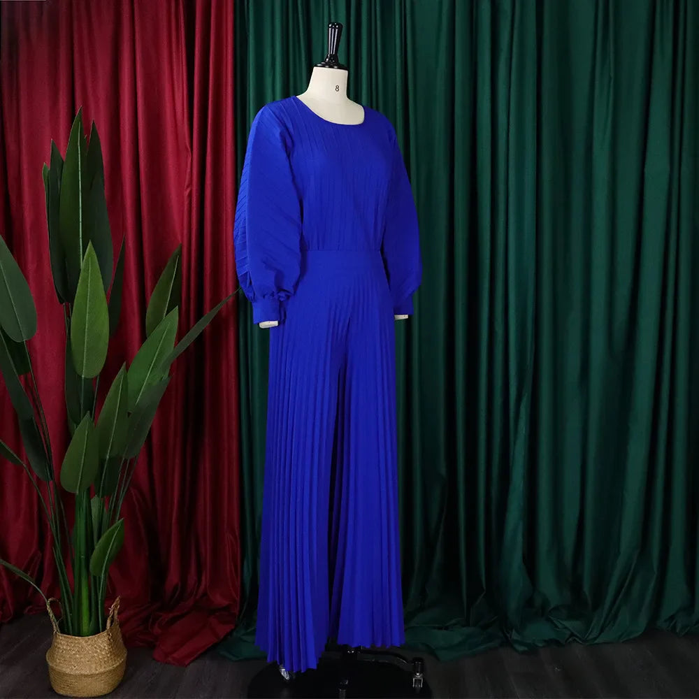 Elegant Two-Piece Women's Pants Set with O Neck Full Sleeve Blouse and High Waisted Wide Leg Trousers Fashionable Matching Outfit